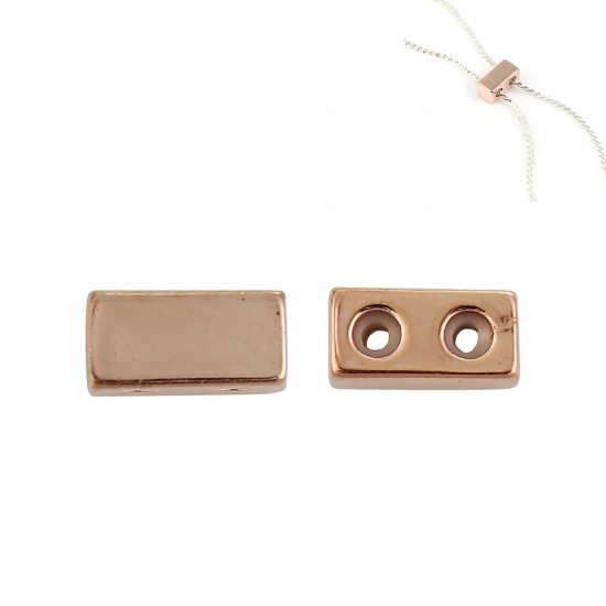 Picture of Brass Slider Clasp Beads Rectangle Rose Gold With Adjustable Silicone Core 8mm x 4mm, Hole: 1.5mm, 10 PCs                                                                                                                                                     