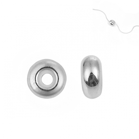 Bild von Messing Slider Verschluss-Perlen Rund Silberfarbe Mit Verstellbarem Silikonkern 8mm D., Loch: 2.2mm, 5 Stück                                                                                                                                                  