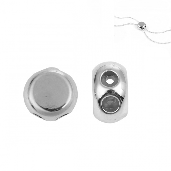 Picture of Brass Slider Clasp Beads Round Silver Tone With Adjustable Silicone Core 9mm( 3/8") Dia., Hole: 1.1mm, 3 PCs                                                                                                                                                  