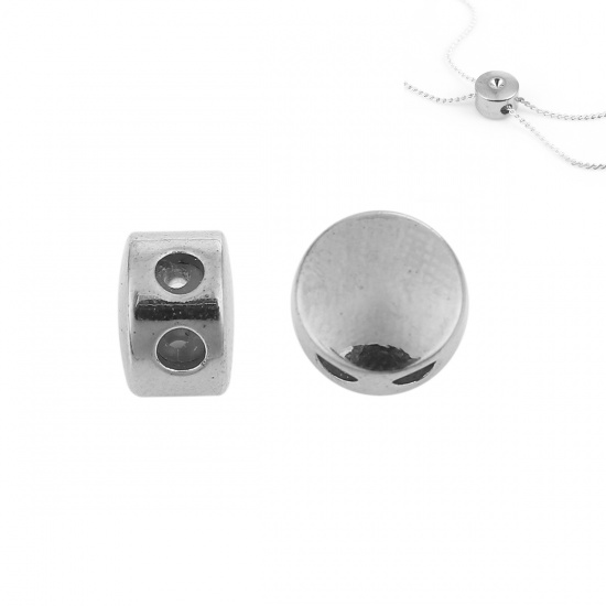 Picture of Brass Slider Clasp Beads Round Silver Tone With Adjustable Silicone Core 9mm( 3/8") Dia., Hole: 1.2mm, 3 PCs                                                                                                                                                  