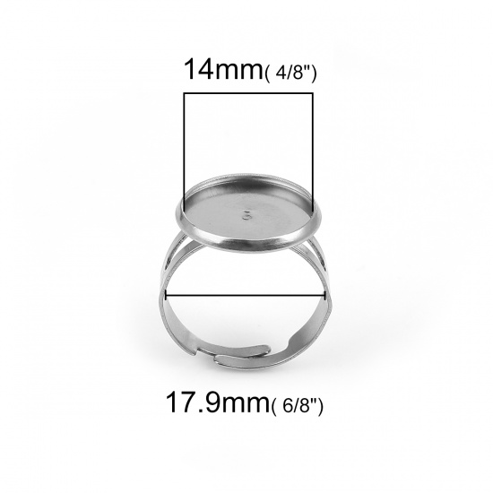 Immagine di Acciaio Inossidabile Aperto Regolabile Anello Tono Argento Tondo Basi per Cabochon (Adatto 14mm) 17.9mm (taglia di US: 7.75), 5 Pz