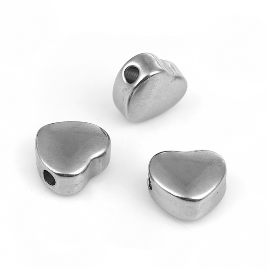 Imagen de Stainless Steel Spacer Beads Heart Silver Tone 11mm( 3/8") x 10mm( 3/8"), Hole: Approx 2.3mm, 5 PCs