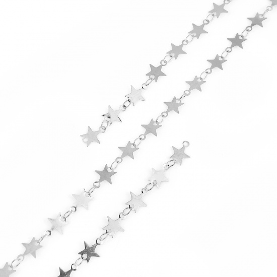 Immagine di Ottone Catena di Altri Stili Accessori Stella a Cinque Punte Tono Argento 9x7mm, 1 M                                                                                                                                                                          