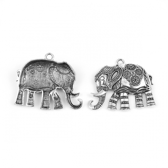 Picture of Zinc Based Alloy Pendants Elephant Animal Antique Silver (Can Hold ss5 Pointed Back Rhinestone) 59mm(2 3/8") x 48mm(1 7/8"), 5 PCs