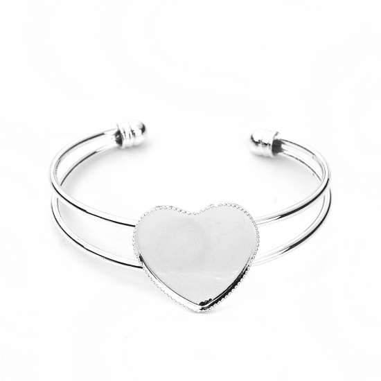 Imagen de Brass Open Cuff Bangles Bracelets Heart Silver Plated Cabochon Settings (Fits 25mmx25mm) 16cm(6 2/8") long, 1 Piece