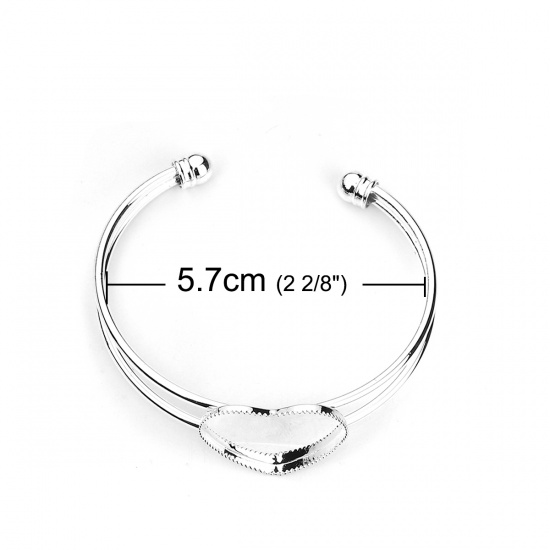 Imagen de Brass Open Cuff Bangles Bracelets Heart Silver Plated Cabochon Settings (Fits 25mmx25mm) 16cm(6 2/8") long, 1 Piece