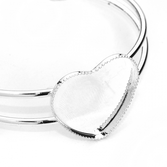 Imagen de Brass Open Cuff Bangles Bracelets Heart Silver Plated Cabochon Settings (Fits 25mmx25mm) 16cm(6 2/8") long, 1 Piece
