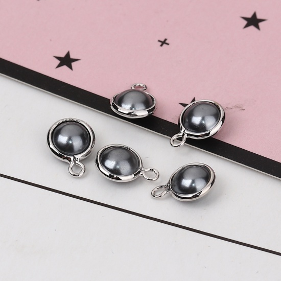 Picture of Brass Charms Round Disc Real Platinum Plated Gray Imitation Pearl 11mm( 3/8") x 8mm( 3/8"), 10 PCs