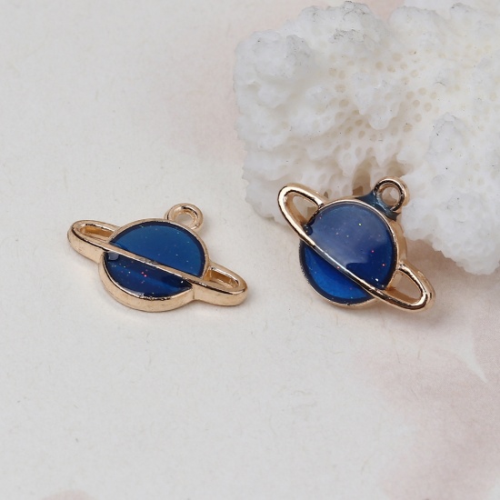 Picture of Zinc Based Alloy Galaxy Charms Planet Earth Gold Plated Blue Enamel Glitter 17mm( 5/8") x 12mm( 4/8"), 20 PCs