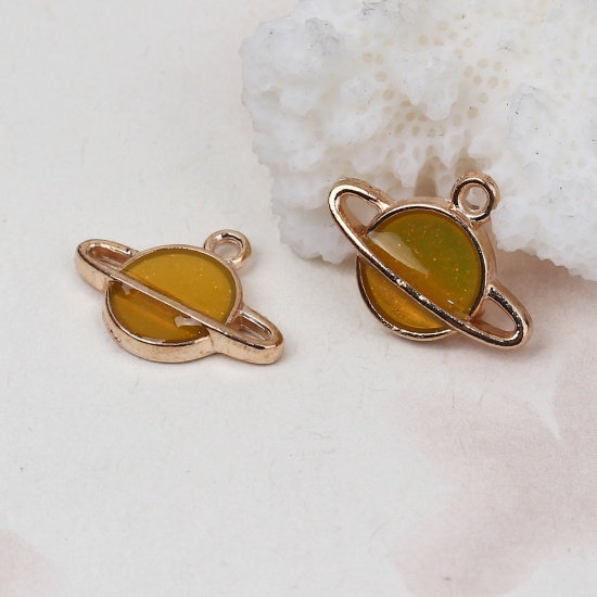 Picture of Zinc Based Alloy Galaxy Charms Planet Earth Gold Plated Yellow Enamel Glitter 17mm( 5/8") x 12mm( 4/8"), 20 PCs