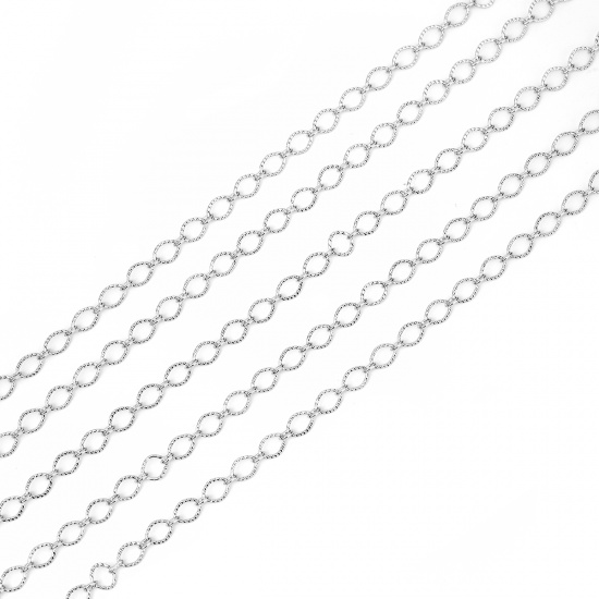 Picture of Brass Soldered Textured Link Cable Chain Findings Silver Tone 5x3.7mm( 2/8" x 1/8") 2.6x2.1mm( 1/8" x 1/8"), 5 M                                                                                                                                              