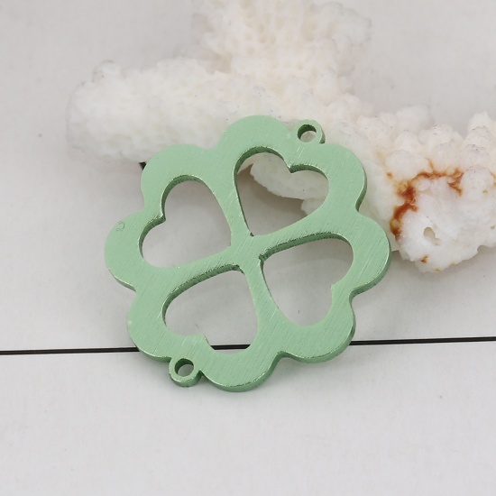 Picture of Aluminum Alloy Connectors Four Leaf Clover Green 27mm x 25mm, 2 PCs