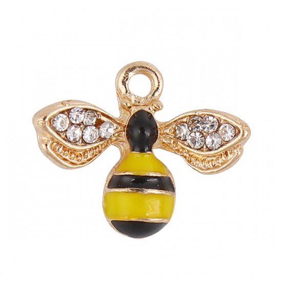 Picture of Zinc Based Alloy Charms Bee Animal Gold Plated Yellow Clear Rhinestone Enamel 17mm( 5/8") x 14mm( 4/8"), 10 PCs