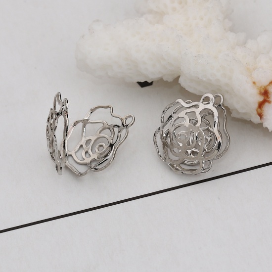 Picture of Brass Bead Cages Silver Tone Flower Can Open 15mm( 5/8") x 14mm( 4/8"), 10 PCs                                                                                                                                                                                