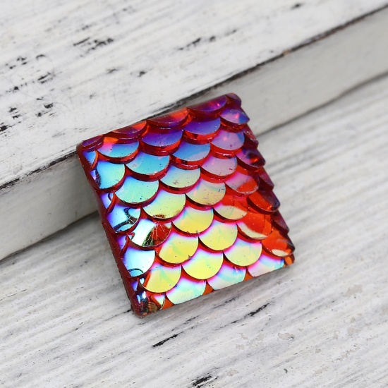 Picture of Resin Mermaid Fish/ Dragon Scale Dome Seals Cabochon Square Orange-red AB Color 16mm( 5/8") x 16mm( 5/8"), 50 PCs