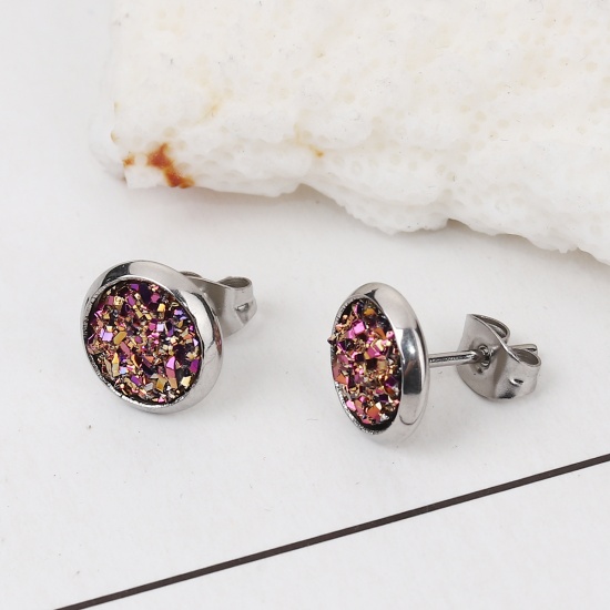 Picture of 304 Stainless Steel Druzy/ Drusy Ear Post Stud Earrings Silver Tone Fuchsia Round AB Color 10mm( 3/8") Dia., Post/ Wire Size: (19 gauge), 2 Pairs”