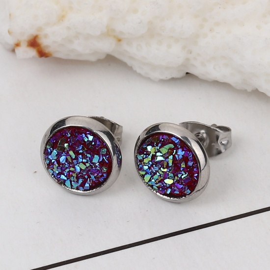 Picture of 304 Stainless Steel Druzy/ Drusy Ear Post Stud Earrings Silver Tone Red Round AB Color 10mm( 3/8") Dia., Post/ Wire Size: (19 gauge), 2 Pairs”