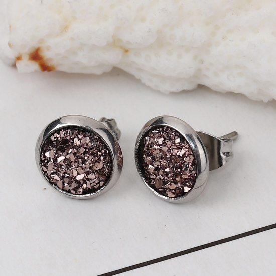 Picture of 304 Stainless Steel Druzy/ Drusy Ear Post Stud Earrings Silver Tone Champagne Round AB Color 10mm( 3/8") Dia., Post/ Wire Size: (19 gauge), 2 Pairs”