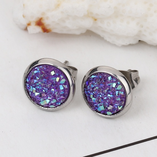Picture of 304 Stainless Steel Druzy/ Drusy Ear Post Stud Earrings Silver Tone Purple Round AB Color 10mm( 3/8") Dia., Post/ Wire Size: (19 gauge), 2 Pairs”