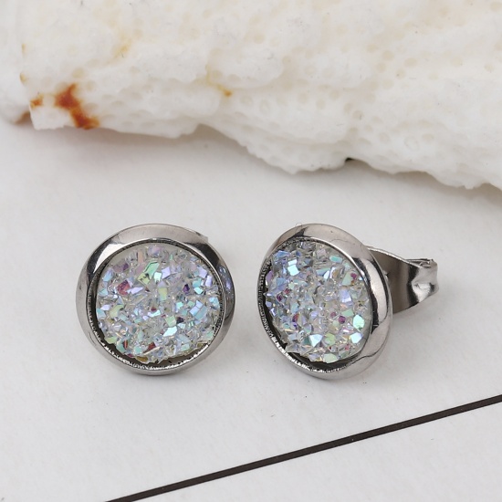 Picture of 304 Stainless Steel Druzy/ Drusy Ear Post Stud Earrings Silver Tone White Round AB Color 10mm( 3/8") Dia., Post/ Wire Size: (19 gauge), 2 Pairs”