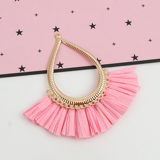 Picture of Iron Based Alloy & Raffia Tassel Pendants Marquise Gold Plated Pink Handmade About 7.3cm x6.3cm(2 7/8" x2 4/8") - 6.3cm x6cm(2 4/8" x2 3/8"), 2 PCs
