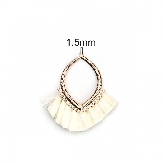 Picture of Iron Based Alloy & Raffia Tassel Pendants Marquise Gold Plated White Handmade About 7.3cm x6.3cm(2 7/8" x2 4/8") - 6.3cm x6cm(2 4/8" x2 3/8"), 2 PCs