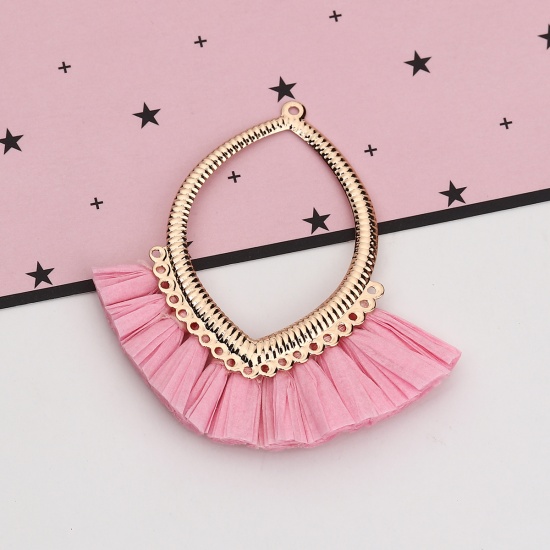 Picture of Iron Based Alloy & Raffia Tassel Pendants Marquise Gold Plated Pink Handmade About 7.3cm x6.3cm(2 7/8" x2 4/8") - 6.3cm x6cm(2 4/8" x2 3/8"), 2 PCs