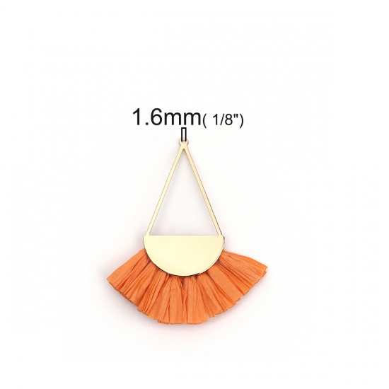 Picture of Iron Based Alloy & Raffia Tassel Pendants Fan-shaped Gold Plated Orange Handmade About 8.5cm x7cm(3 3/8" x2 6/8") - 8cm x6.5cm(3 1/8" x2 4/8"), 2 PCs