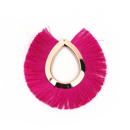 Picture of Polyester Tassel Pendants Drop Gold Plated Fuchsia About 8.5cm(3 3/8") x 8cm(3 1/8"), 3 PCs