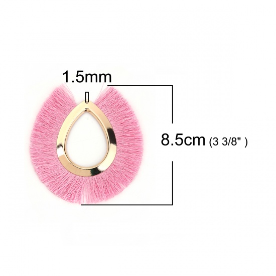 Picture of Polyester Tassel Pendants Drop Gold Plated Pink About 8.5cm(3 3/8") x 8cm(3 1/8"), 3 PCs