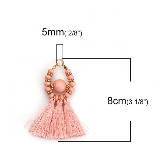Picture of Polyester & Acrylic Tassel Pendants Drop Gold Plated Orange Pink Beaded Faceted About 8cm(3 1/8") x 6cm(2 3/8"), 3 PCs