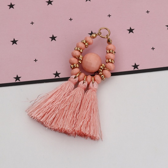 Picture of Polyester & Acrylic Tassel Pendants Drop Gold Plated Orange Pink Beaded Faceted About 8cm(3 1/8") x 6cm(2 3/8"), 3 PCs
