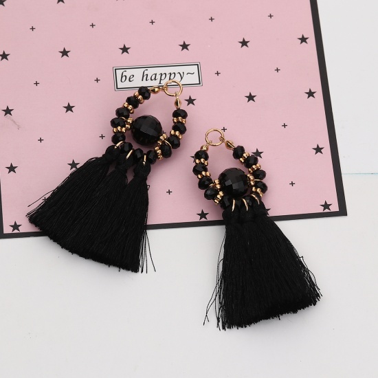 Picture of Polyester & Acrylic Tassel Pendants Drop Gold Plated Black Beaded Faceted About 8cm(3 1/8") x 6cm(2 3/8"), 3 PCs