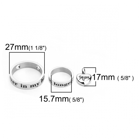 Picture of 304 Titanium Steel Cremation Ash Urn Charms Heart Silver Tone Circle Ring Message " Mom " 27mm(1 1/8") Dia. 19mm( 6/8") Dia. 17mm x12mm( 5/8" x 4/8"), 1 Set (3PCs/Set)”