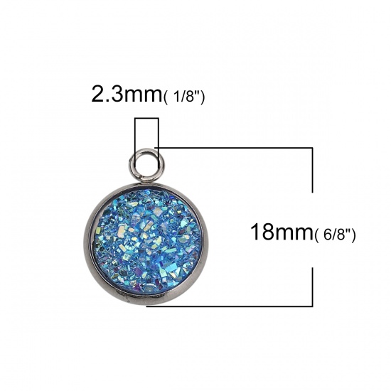 Picture of 304 Stainless Steel & Resin Druzy/ Drusy Charms Round Silver Tone Blue AB Color 18mm( 6/8") x 14mm( 4/8"), 10 PCs”