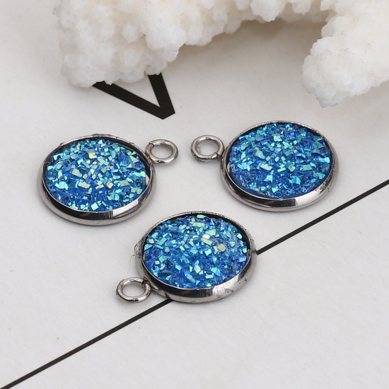 Picture of 304 Stainless Steel & Resin Druzy/ Drusy Charms Round Silver Tone Blue AB Color 18mm( 6/8") x 14mm( 4/8"), 10 PCs”