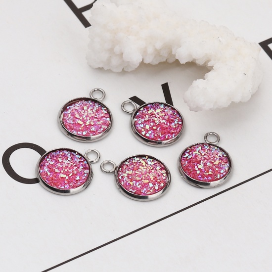 Picture of 304 Stainless Steel & Resin Druzy/ Drusy Charms Round Silver Tone Pink AB Color 18mm( 6/8") x 14mm( 4/8"), 10 PCs”