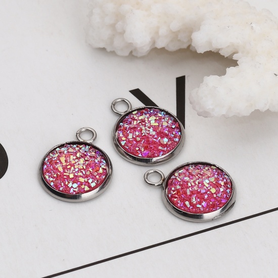 Picture of 304 Stainless Steel & Resin Druzy/ Drusy Charms Round Silver Tone Pink AB Color 18mm( 6/8") x 14mm( 4/8"), 10 PCs”