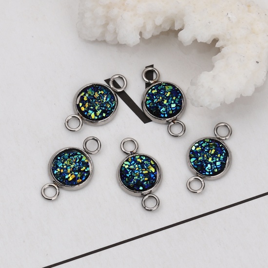 Picture of 304 Stainless Steel & Resin Druzy/ Drusy Connectors Round Silver Tone Deep Blue AB Color 18mm( 6/8") x 10mm( 3/8"), 10 PCs”