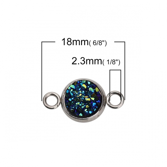 Picture of 304 Stainless Steel & Resin Druzy/ Drusy Connectors Round Silver Tone Deep Blue AB Color 18mm( 6/8") x 10mm( 3/8"), 10 PCs”