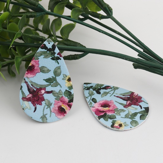 Picture of PU Leather Pendants Drop Blue Green Flower Leaves 56mm(2 2/8") x 36mm(1 3/8"), 10 PCs