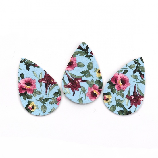 Picture of PU Leather Pendants Drop Blue Green Flower Leaves 56mm(2 2/8") x 36mm(1 3/8"), 10 PCs
