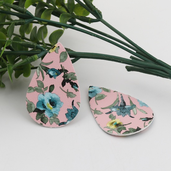 Picture of PU Leather Pendants Drop Pink Lake Blue Flower Leaves 56mm(2 2/8") x 36mm(1 3/8"), 10 PCs