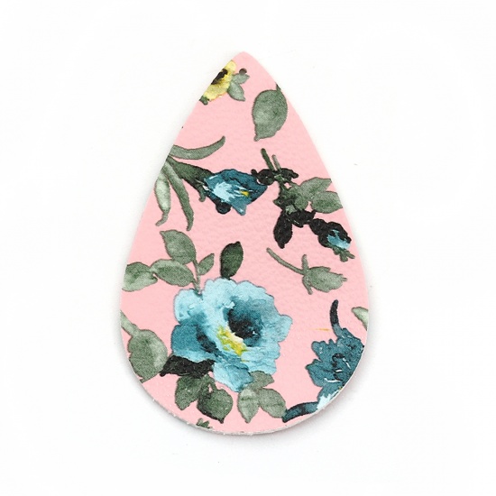 Picture of PU Leather Pendants Drop Pink Lake Blue Flower Leaves 56mm(2 2/8") x 36mm(1 3/8"), 10 PCs
