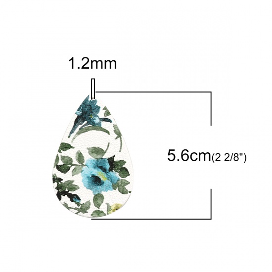 Picture of PU Leather Pendants Drop White Lake Blue Flower Leaves 56mm(2 2/8") x 36mm(1 3/8"), 10 PCs