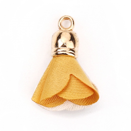 Picture of Fabric Tassel Charms Flower Gold Plated Off-white & Yellow About 24mm(1") x 20mm( 6/8"), 20 PCs