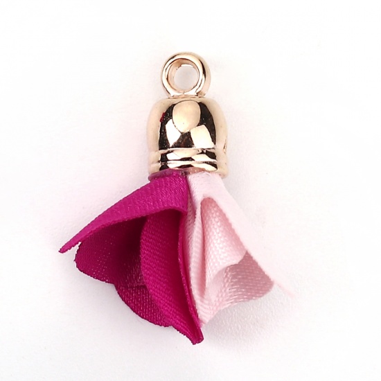 Picture of Fabric Tassel Charms Flower Gold Plated Fuchsia & Pink About 24mm(1") x 20mm( 6/8"), 20 PCs