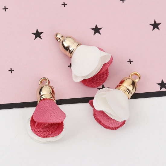 Picture of Fabric Tassel Charms Flower Gold Plated Deep Pink & White About 24mm(1") x 20mm( 6/8"), 20 PCs