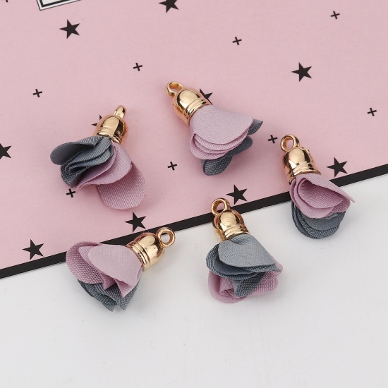 Picture of Fabric Tassel Charms Flower Gold Plated Pale Lilac & Gray About 24mm(1") x 20mm( 6/8"), 20 PCs