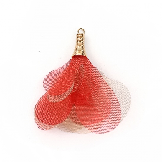 Immagine di Organza Nappine Ciondoli Fiore Oro Placcato Rosso Circa 5cm x 4.5cm, 20 Pz